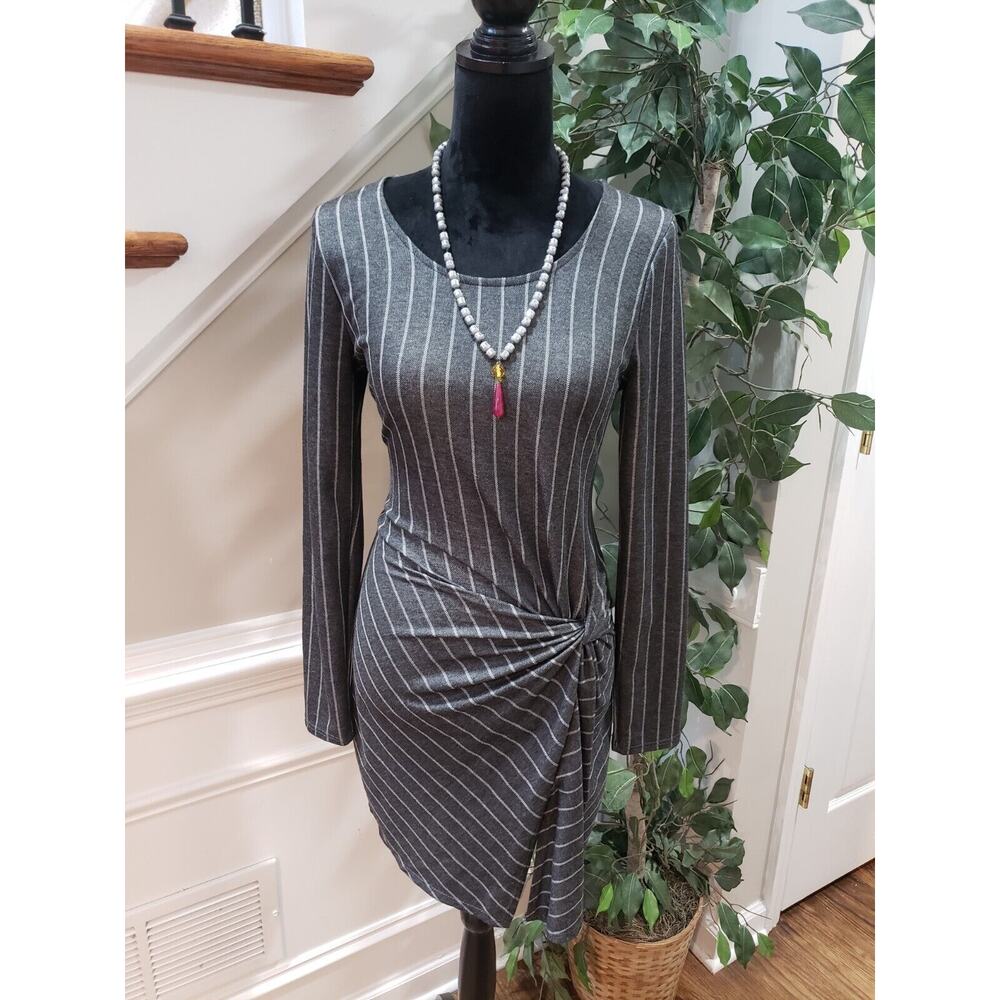 Spring Haze Women Gray Striped Rayon Long Sleeve Round Neck Knee Length Dress S